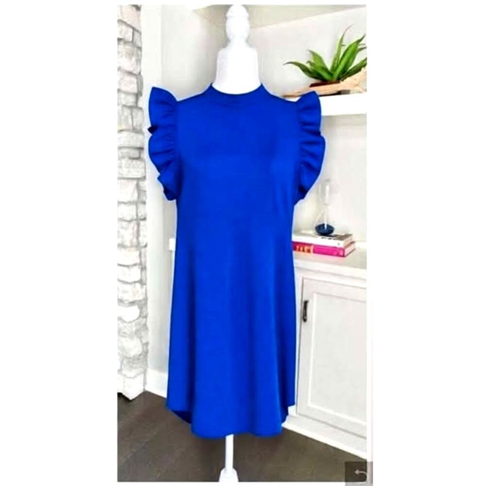 NWOT TCEC Ruffle shoulder shift dress Cobalt Blue Small
